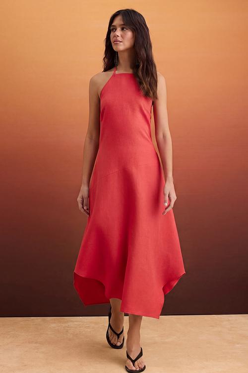 Asymmetric Linen Halter Neck Midi Dress - Pomegranate Blossom