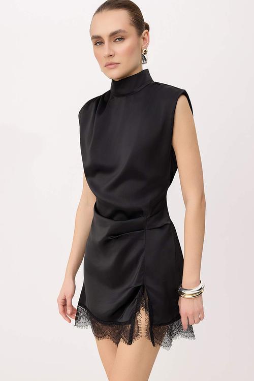Satin Lace Detail Mini Dress - Black