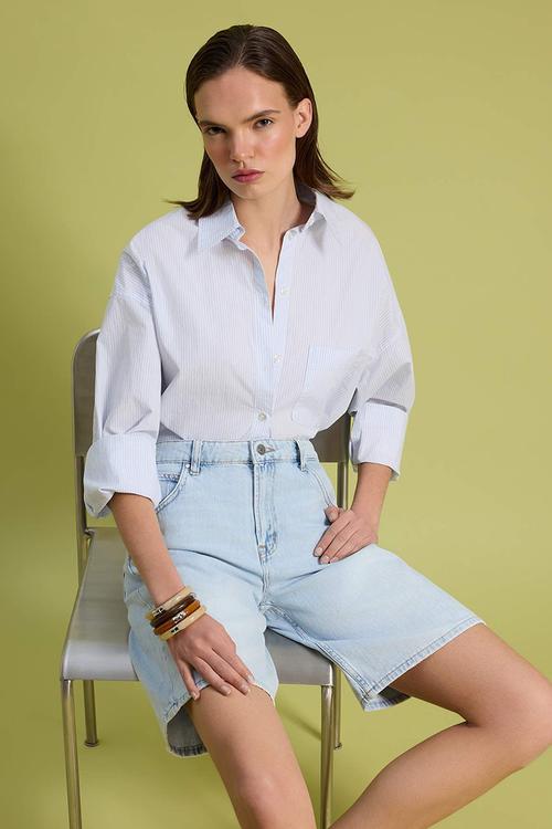 High-Waist Cotton Denim Bermuda Shorts - Light Blue