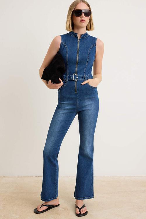 Belted Flared Denim Jumpsuit - Dark Blue