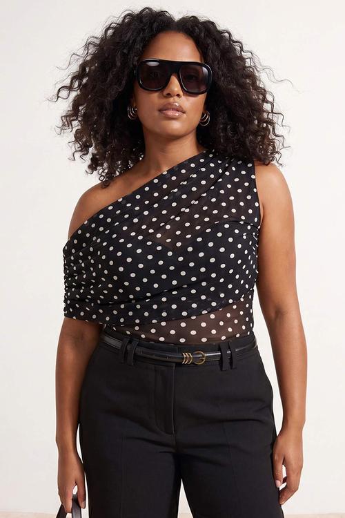 Plus asymmetric collar polka dot party blouse - black and white