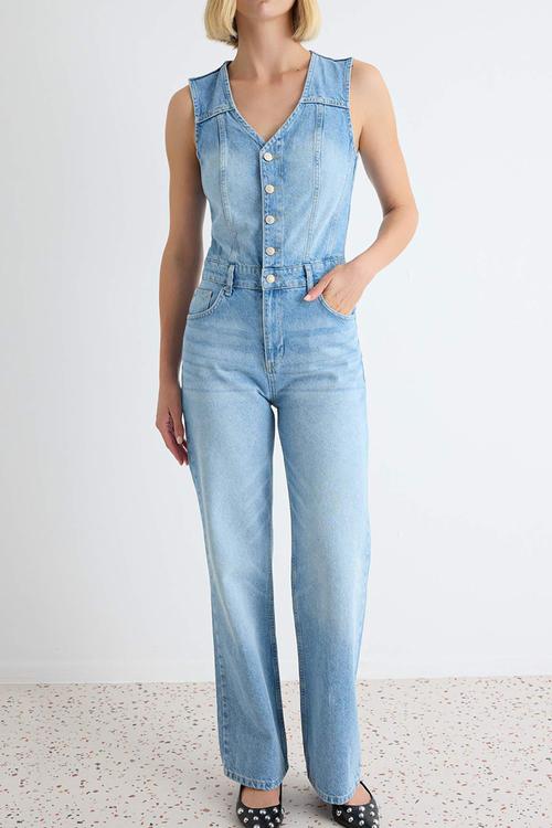 Cotton Denim Jumpsuit - Blue