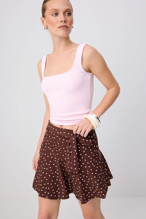 Polka Dot High-Waist Skirt-Look Knit Shorts - Dark Brown