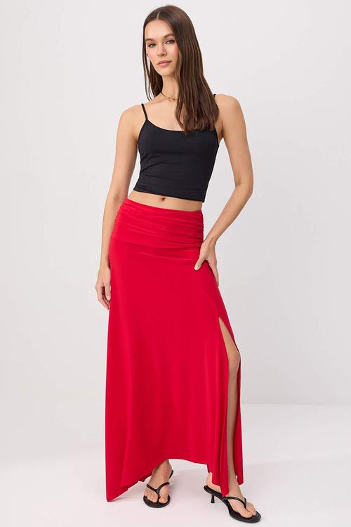 Waist Detail Slit Maxi Knit Skirt - Red
