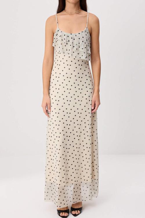 Polka Dot Ruffle Maxi Knit Dress - Ecru