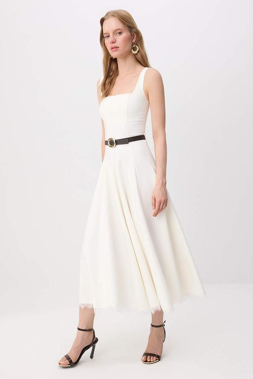Lace Belted Skater Midi Dress - White