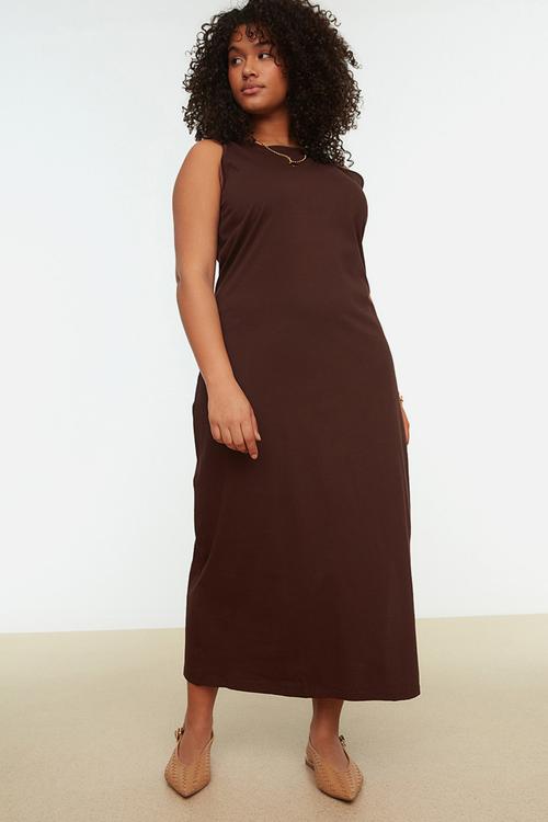 Plus cotton maxi dress crew neck and slit - dark brown