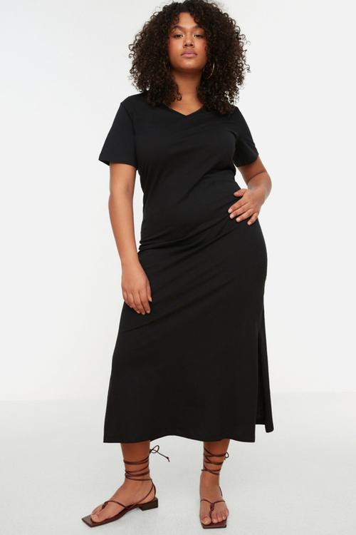 Plus v-neck slit cotton knitted dress - black