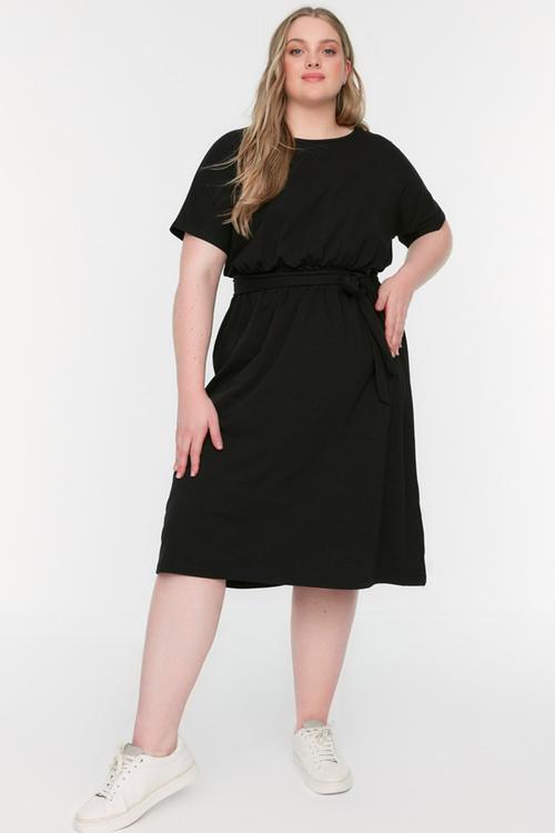 Plus belted knitted crew neck cotton dress - black