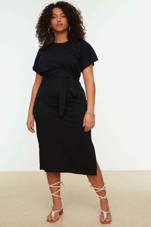 Plus straight cut tie detail slit cotton midi dress - black