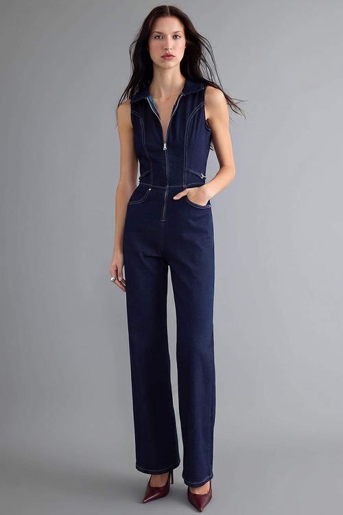 Stretch Denim Shirt Collar Jumpsuit - Dark Blue