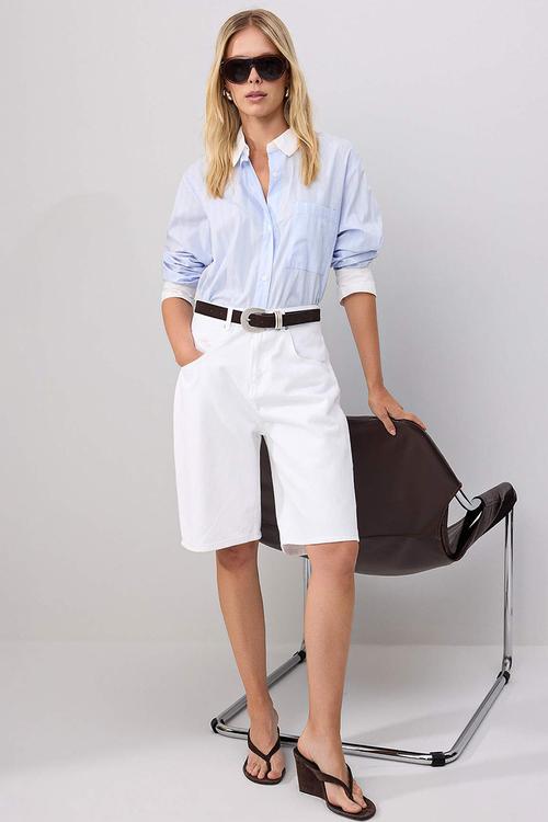 Regular-Waist Denim Jorts - White