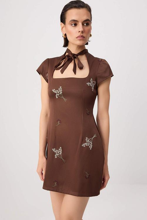 Floral Embroidery Tie-Detail A-Line Satin Mini Dress - Brown