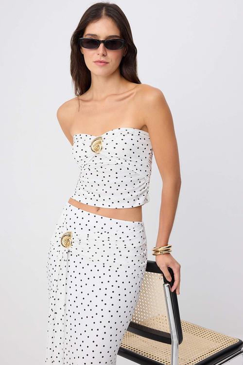 Polka Dot Strapless Knit Blouse with Accessory Detail - Black and White
