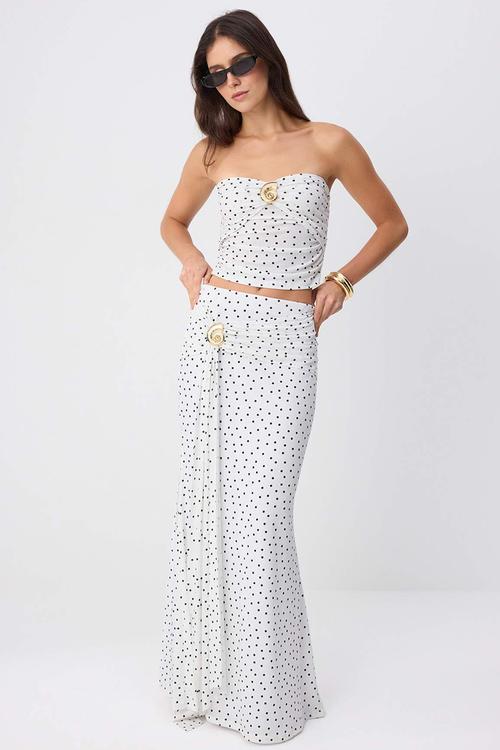 Polka Dot Accessory Detail Maxi Skirt - Black and White