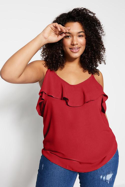 Plus adjustable strap flounce collar blouse - red