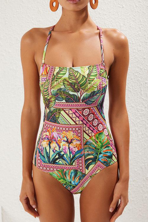 Tropical print backless square neck padded swimsuit - multicolor