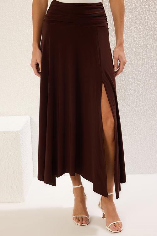 Waist Detail Slit Maxi Knit Skirt - Brown