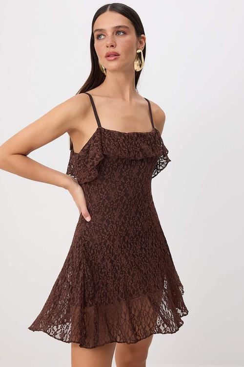 Lace Detail Lined Mini Dress - Dark Brown