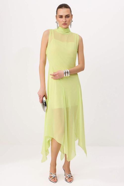 Asymmetric Chiffon Midi Dress with Stand Collar - Lime