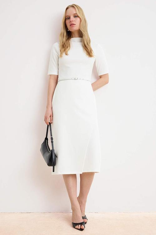 Belted Midi Knit Dress - Ecru