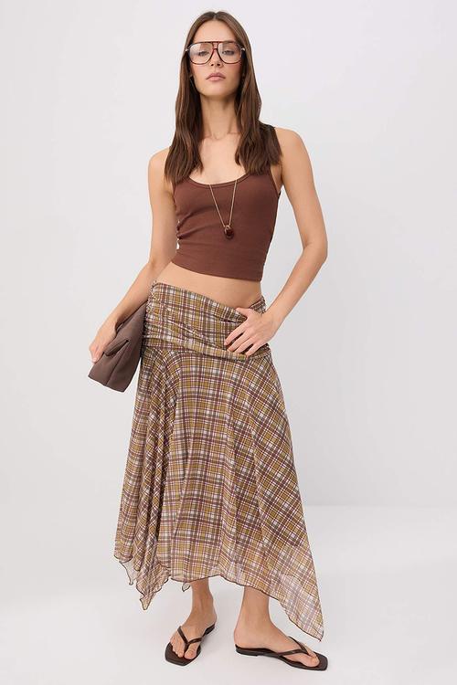 Plaid Asymmetric Hem Skater Skirt - brown