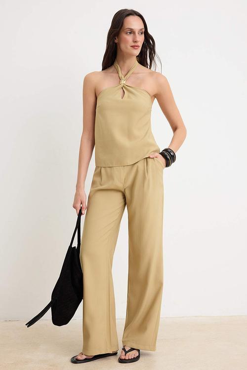 Buckle Detail Blouse and Trousers Set - Dark Beige