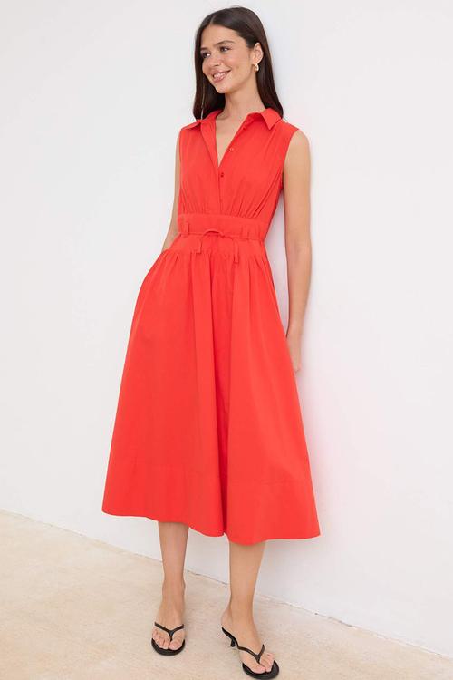 Belted Poplin Shirt Midi Dress - Red