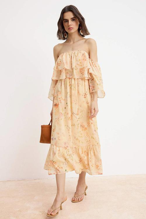 Floral Chiffon Carmen Collar Maxi Dress - neutral