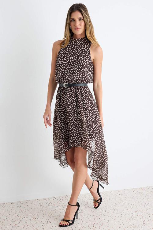 Polka Dot Asymmetric Skirt Midi Dress with Belt - Brown