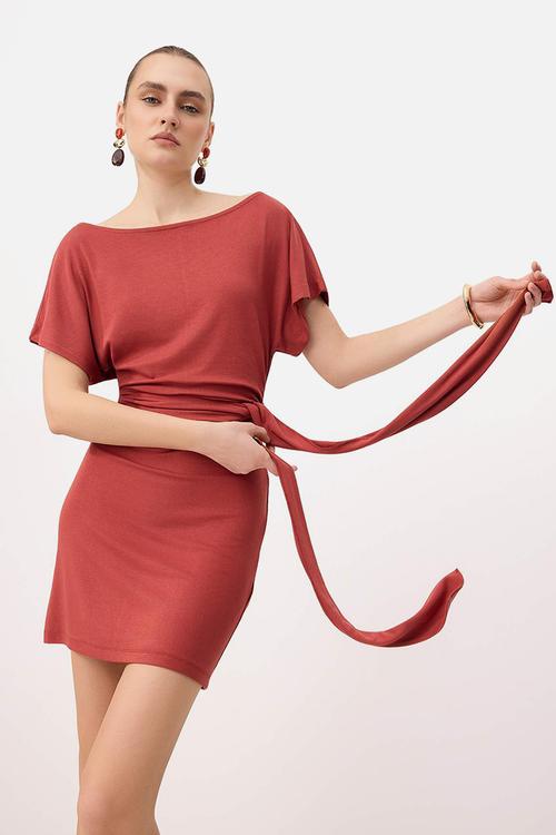 Asymmetric Collar Tie-Detail Mini Knit Dress - Tile