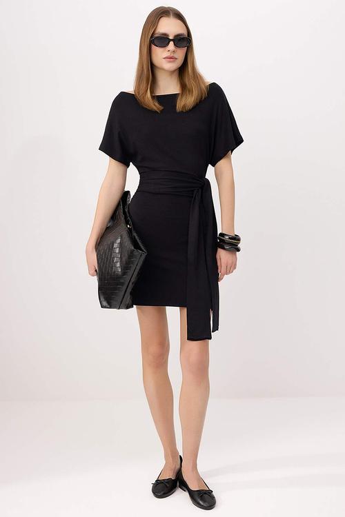 Asymmetric Collar Tie-Detail Mini Knit Dress - Black
