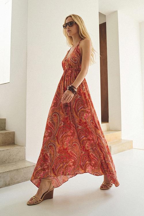 Shawl Print Strappy Maxi Dress - Burgundy