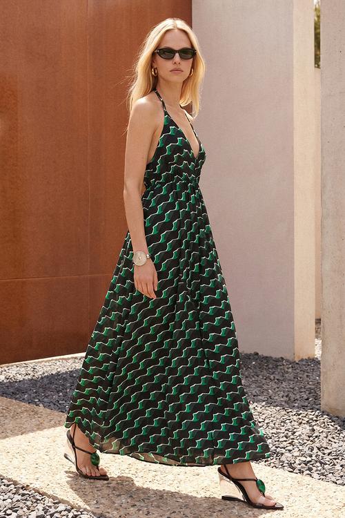 Geometric Print A-Line Maxi Dress - Green-Multicolour