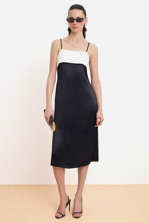 Colour Block Satin Midi Dress - Black & White