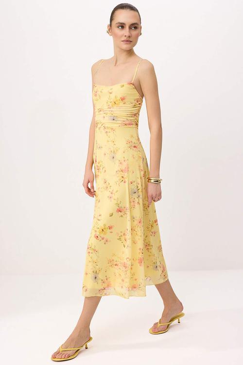 A-Line Tulle Midi Dress with Thin Straps - yellow