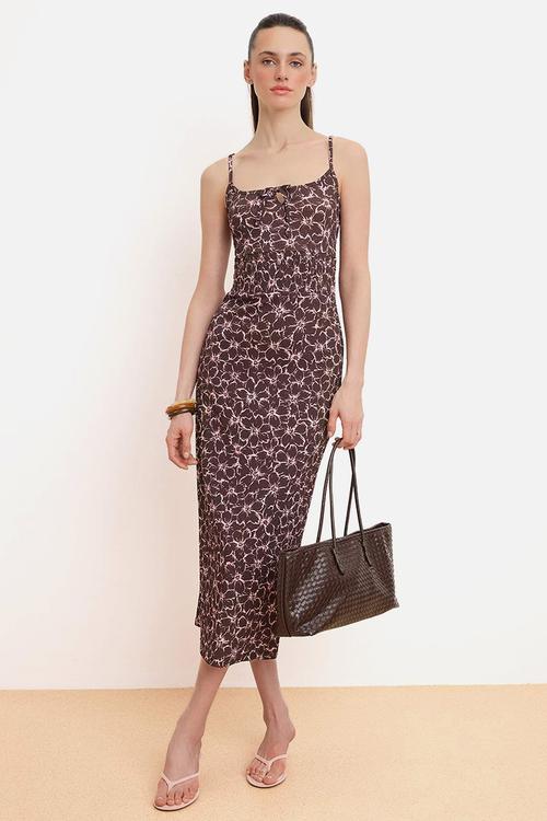 Floral Textured A-Line Knit Dress with Keyhole Neckline - Black