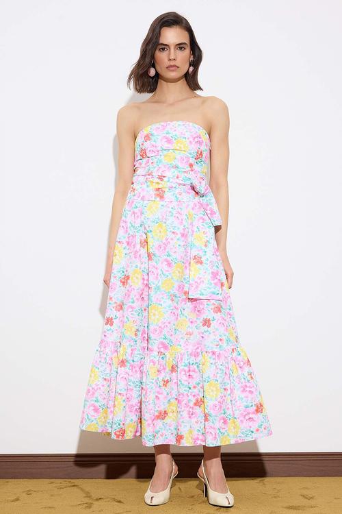 Floral Belted Maxi Dress with Waist Detail - Multi