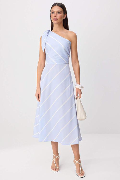 Striped Ribbon Detail One-Sleeve Midi Dress - Blue