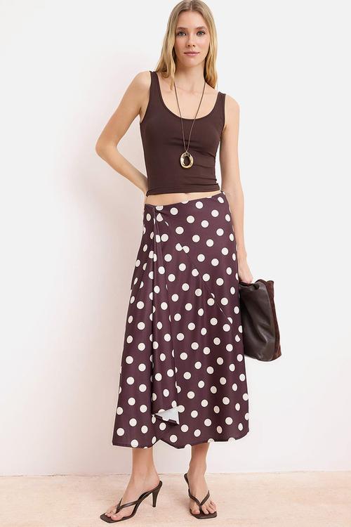 Polka Dot A-Line High-Waist Satin Skirt - Brown