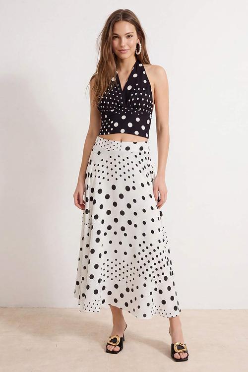 Polka Dot Flared Midi Skirt - White & Black