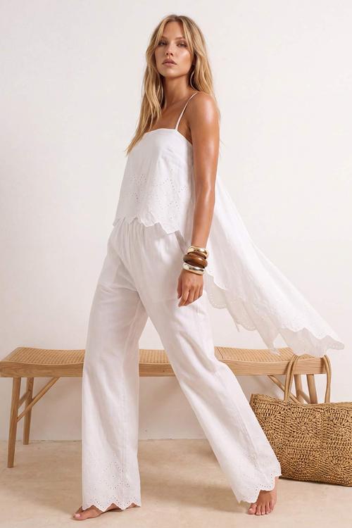 Embroidered Woven Blouse and Capri Pants Set - White