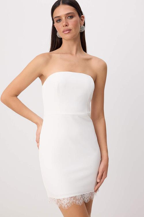 Lace Detail Strapless Lined Mini Dress - White