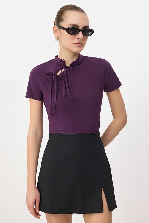 High Neck Tie-Detail Fitted Knit Blouse - Plum