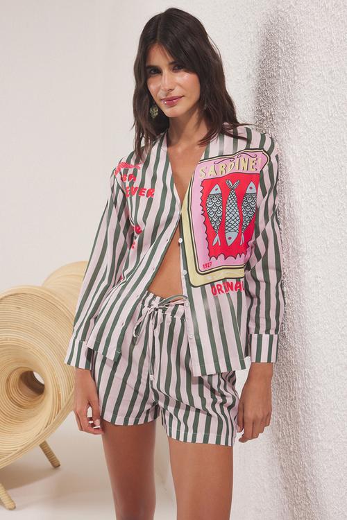 Cotton Fish Print Beach Shirt and High-Waist Shorts Set - Multicolour