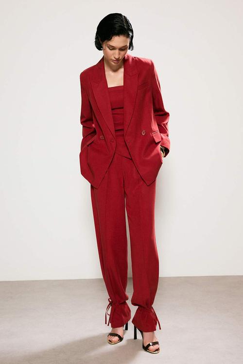 Linen-Look Lined Blazer - Red