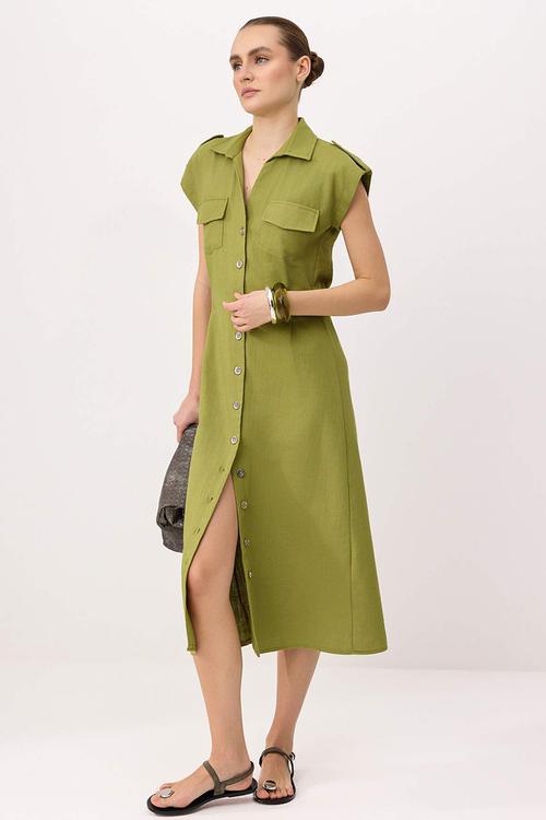 Accessory Detail Buttoned Midi Shirt Dress - Khaki