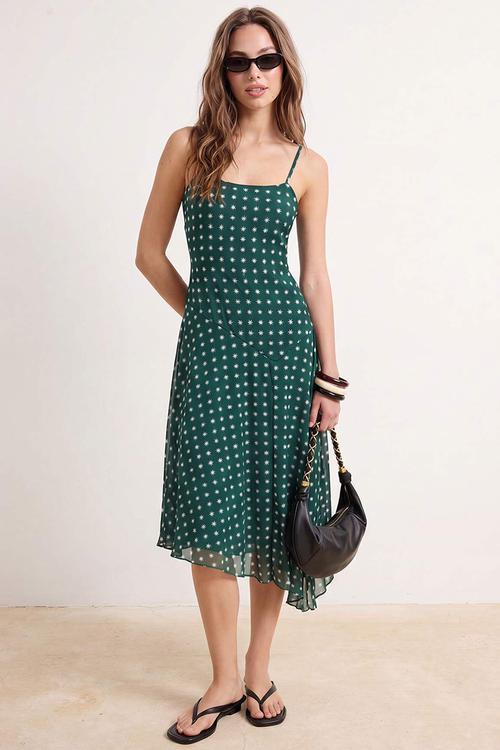 Printed Waist-Cut Tulle Mini Dress - Green