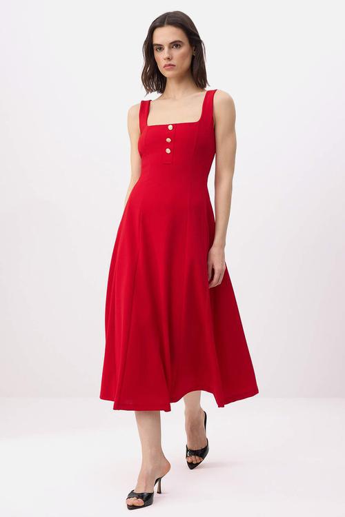 Waist-Cut Square Neck Crepe Knit Dress - Red