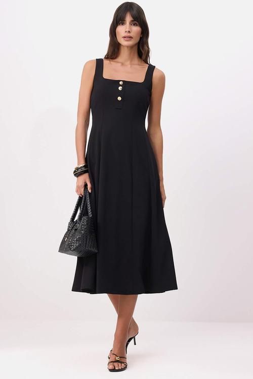 Waist-Cut Square Neck Crepe Knit Dress - Black
